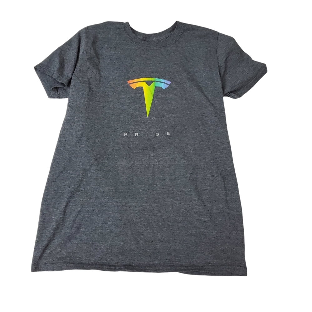 Tesla Mens Shirt Medium Gray Pride Print Logo Short Sleeve Top Casual Car Cotton